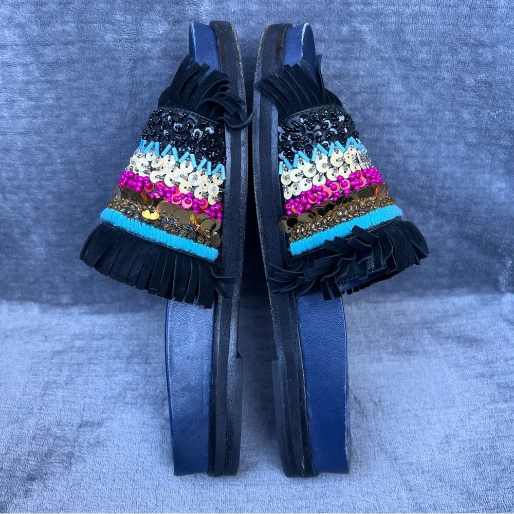 Tory Burch Isle Slides Women 8.5 Slip On Shoes Beaded Fringe Sequin Sandals